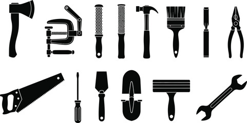 Obraz premium Illustration of various black silhouette tools on a white background
