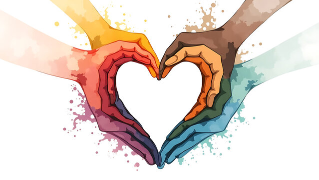 United diversity and unity partnership as heart hands in a group of diverse people connected together shaped as a support symbol expressing the feeling of teamwork and togetherness. - Powered by Adobe