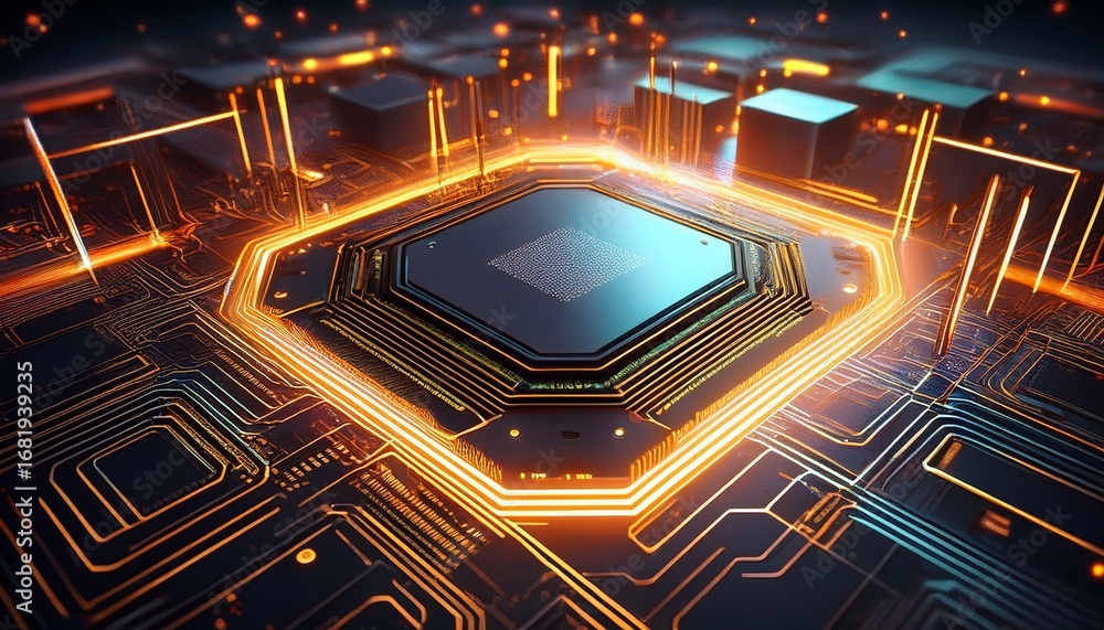 Fototapete 3d rendering of a futuristic computer chip with glowing orange lines the chip is in the center of th