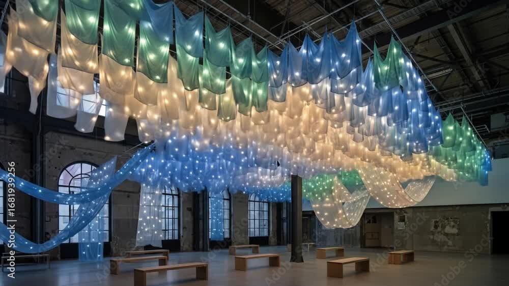 Poster immersive light installation transforms space with flowing fabrics and dazzling leds, creating magic