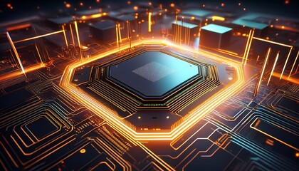 3d rendering of a futuristic computer chip with glowing orange lines the chip is in the center of the image and is surrounded by intricate circuitry