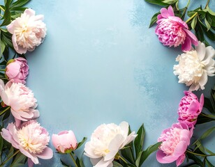 Delicate pink and white peonies arranged in a circle on a light blue background create a soft and romantic floral frame.