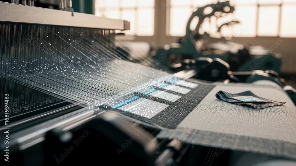 Aufkleber view of weaving loom area with embeddedsensor substrate fibers creating textiles for flexible electr