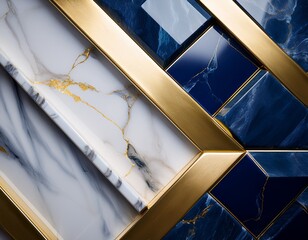 close up of a marble tile corner with a navy blue accent and gold trim