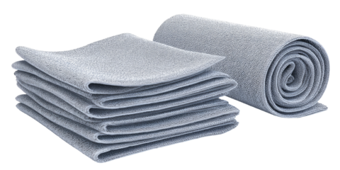 Stacked and rolled light gray cleaning cloths