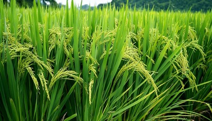 Fototapeta premium dense green rice plant with long leaves and slender spikes