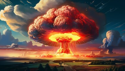 a massive nuclear explosion with a colossal mushroom cloud rising high into the sky