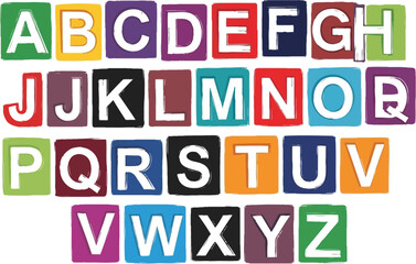Alphabet blocks arranged in rows against a white background view
