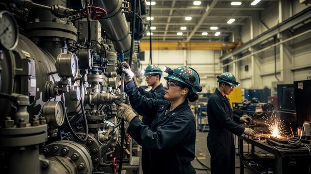 Engineering team performing routine maintenance on aircraft carrier catapult steam generator systems in a specialized repair facility.