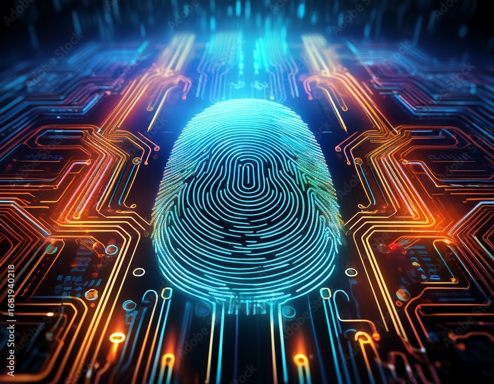 Poster a vibrant digital fingerprint design overlays a circuit board symbolizing technology security and id