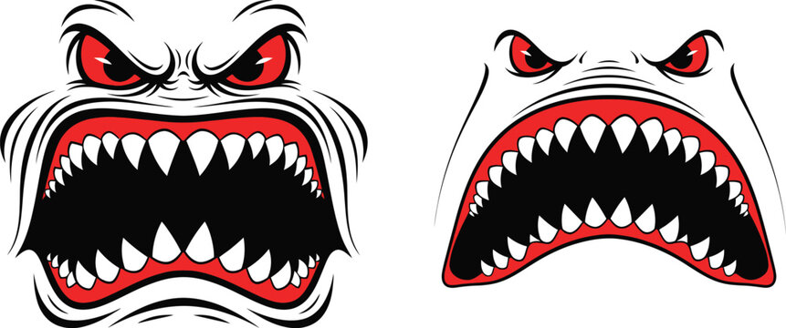 Two cartoonish monster faces with red eyes and sharp teeth drawn