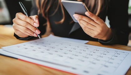 A person is using a pen to write on a calendar while also looking at their smartphone.