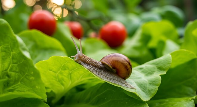 Snail crawling on a lettuce leaf in a garden with tomatoes.
