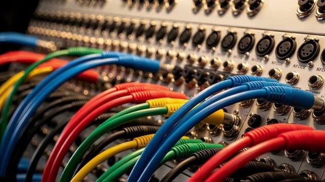 Macro shot of multicolored audio patch cables inserted into a patchbay panel illustrating detailed wiring in modern audio production.