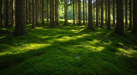 Fototapeta premium Sunlit Forest Floor with Green Moss and Tall Trees.