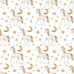 Seamless watercolor pattern with horse, moon, and stars in dreamy night style. Ideal for children’s textiles, nursery decor, wallpapers, and magical design projects.