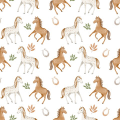 Seamless watercolor pattern featuring horses and horseshoes, painted in a soft watercolor style. Perfect for textiles, wallpaper, children's designs, equestrian themes, and farmhouse decor.