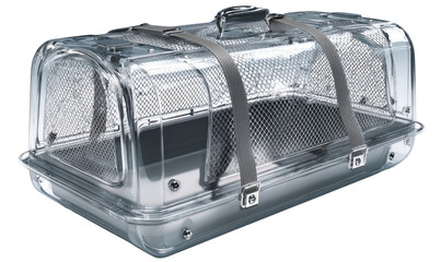 Transparent food carrier with metal accents and straps.  Clear, rectangular container with a lid, secured by gray straps.  Features a wire mesh interior and a smooth, metallic base.