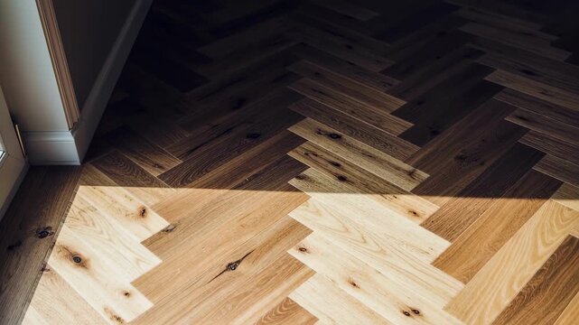 Overhead shot of freshly installed reclaimed wood herringbone floor with visible knots and color contrasts creating a vintage aesthetic.