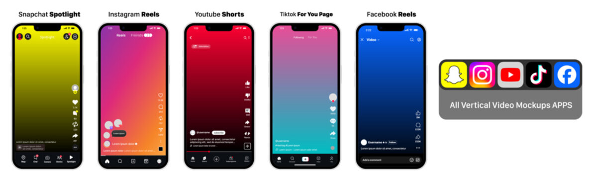 All Vertical Video Mockups apps for YouTube Shorts, Instagram Reels, TikTok, Facebook Reels, and Snapchat Spotlight. Social media vertical video mockup design. Vertical video mockup template for Short