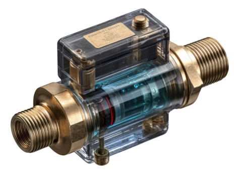 Brass and clear plastic plumbing device.  A compact, dual-ended fitting with transparent components reveals internal workings