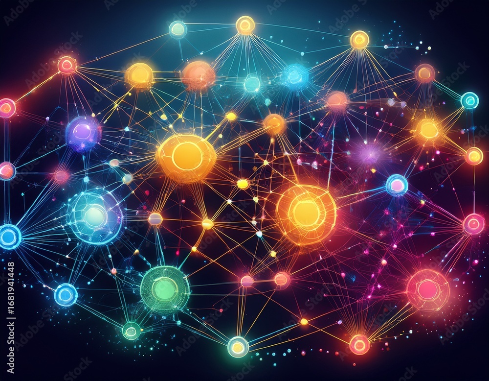 Poster illustrate a vibrant network of nodes each representing a partner or collaborator intricately connec