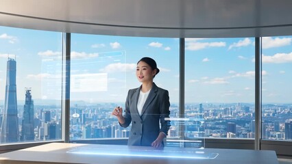 Asian Female Professional Interacting with Virtual Holographic Interface in Modern Office with City View - Powered by Adobe