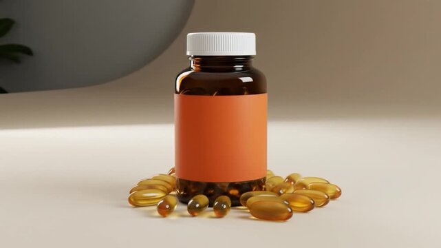 Amber bottle gold gel capsules medicine health supplement nutrition