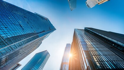 a panoramic low angle view of a bustling business district where towering glass skyscrapers pierced the azure sky casting a dramatic lens flare that illuminated the urban landscape below
