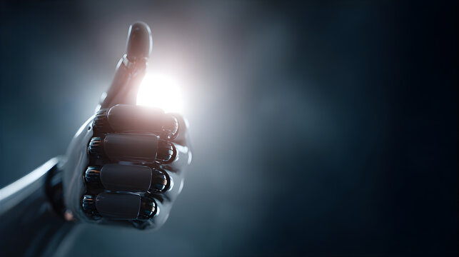 Close up of a highly detailed robotic hand with thumbs up gesture on a dark background. AI technology for innovation and progress concept. - Powered by Adobe