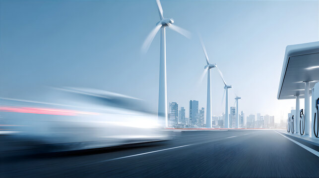 Blurred moving car on highway approaching an electric vehicle charging station with wind turbines and city skyline in background. - Powered by Adobe