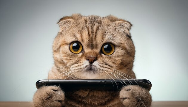 curious scottish fold cat with phone close up