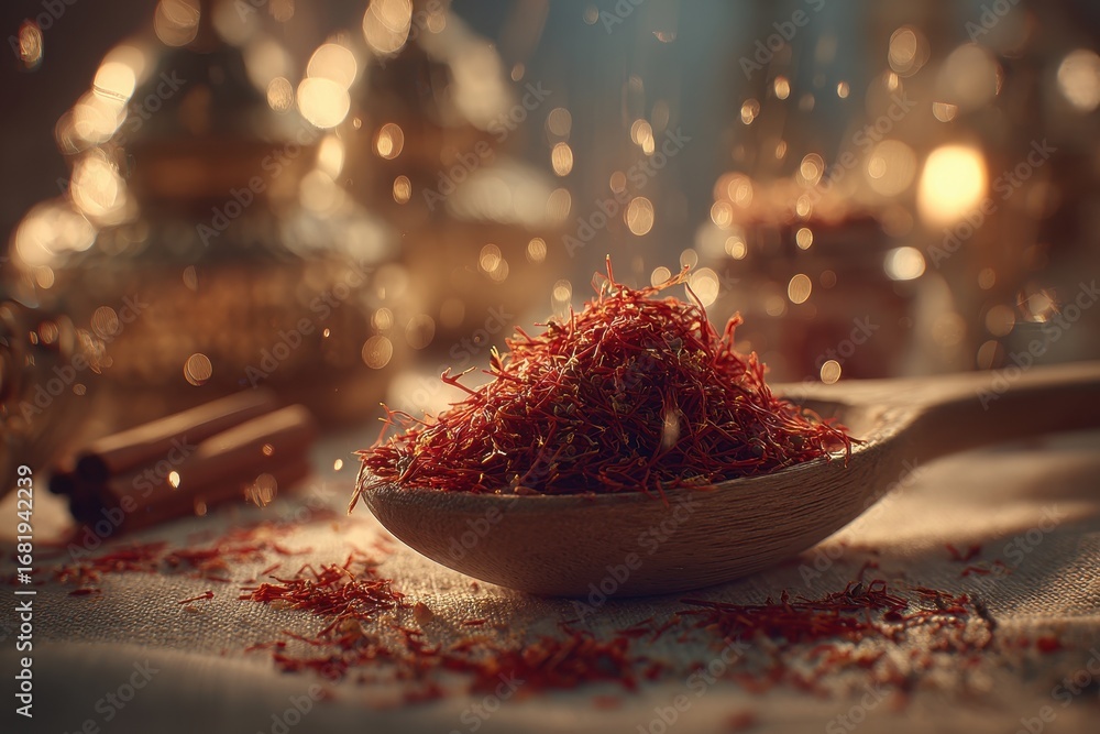 Poster luxurious saffron threads on a wooden spoon with sparkling bokeh background