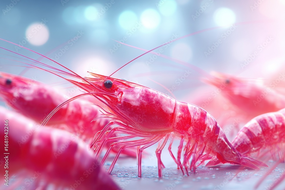 Poster vibrant translucent red shrimp close-up in ethereal water with soft bokeh.