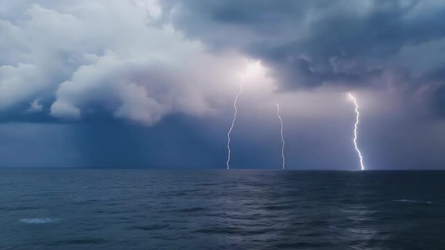 Dynamic sky with lightning bolts, ocean, dramatic clouds and powerful weather elements.