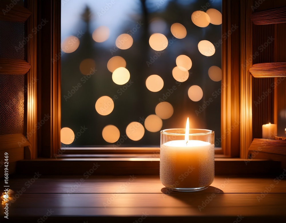 Poster candle illuminating a cozy room with bokeh lights through a window creating a serene atmosphere
