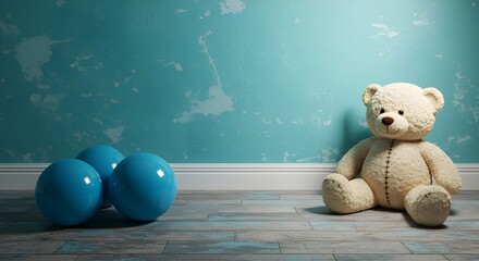 Blue Ball and Plush Teddy Bear on Distressed Wood Floor Against Cyan Wall