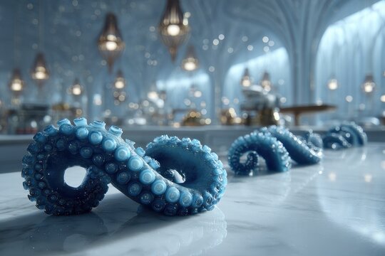 Ethereal blue tentacles on marble in an opulent, dreamlike fantasy setting. - Powered by Adobe