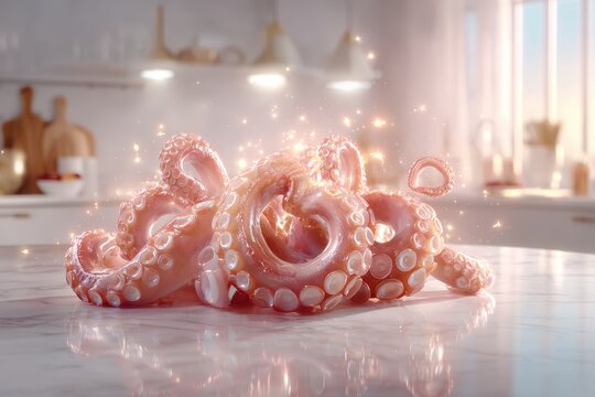 Enchanting rose gold octopus with ethereal glow on a luminous kitchen counter.