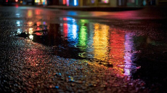 Night rain puddle reflecting colorful neon city lights with ripples on wet asphalt surface, creating an abstract vibrant street view Concept: urban light, night reflection, city atmosphere, rainy mood