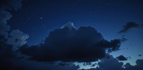 Fototapeta premium A menacing, inky black cloud dominates a deep twilight blue night sky, stars barely visible through its ominous presence, storm cloud, astronomy