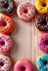 Fototapeta premium Assorted colorful donuts arranged on a light wooden surface, vibrant glaze, sprinkles, sweet treats, studio shot, flatlay, light wood