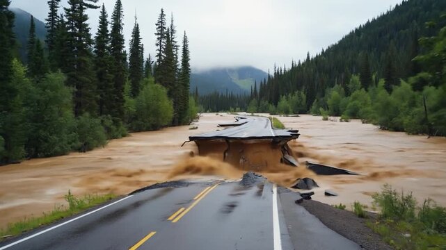 Flooded road with a collapsed section surrounded by dense forest and mountains in the background