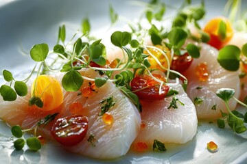 Fresh white fish sashimi with microgreens, cherry tomatoes, and fish roe.