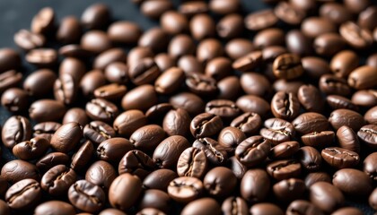 Obraz premium Close-up of dark roasted coffee beans scattered on a black background, showcasing rich texture and detail, coffee beans, coffee, product photography