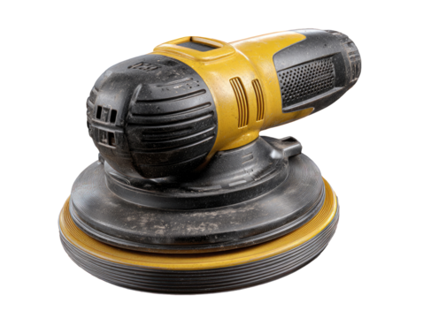 Close-up of a yellow and black orbital sander.  Durable construction, showing some dirt/wear