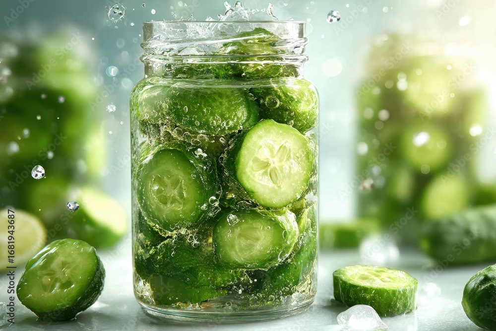 Poster fresh cucumber slices in a vibrant water jar with cool bubbles and splashes.