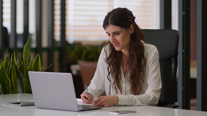 Caucasian woman business girl businesswoman female employer intern writing task notebook office...