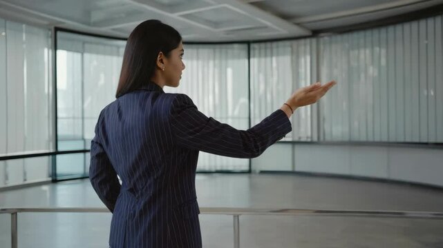A woman in a suit is pointing at something. She is wearing a blue suit and has a hand on her hip