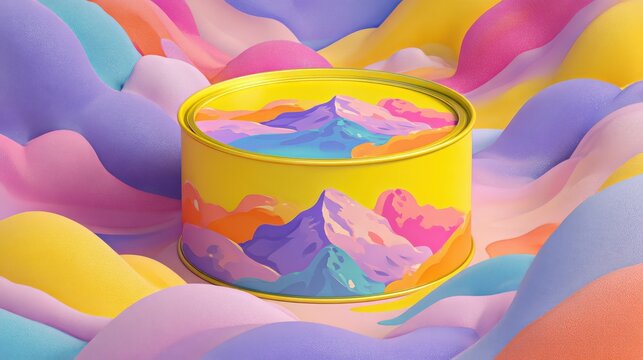 Surreal colorful can packaging with mountain landscape art in psychedelic pastel waves, abstract product mockup for modern branding, vibrant fantasy design and conceptual visual identity - Powered by Adobe